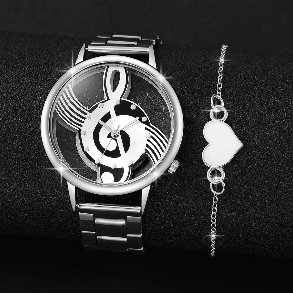 2Pcs/Set Women Stainless Steel Musical Note Quartz Watch with Heart-Shaped Bracelet