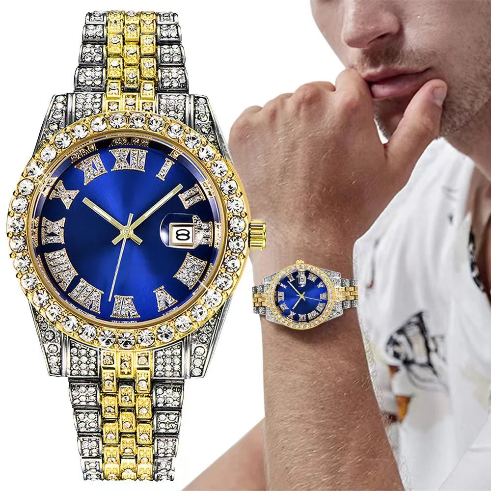 Luxury Hip Hop Stainless Steel Gold Color Calendar Watch for Men Iced Out Paved Rhinestones Men Watch Reloj Hombre
