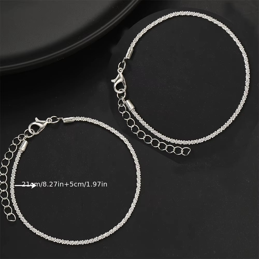 2PCS Shiny Sparkling Simple Silver Color Anklet for Women Simple Elegant Copper Jewelry Female Beach Ankle Bracelet on Foot