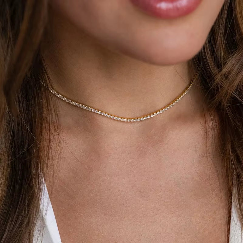 New S925 Sterling Silver Hip Hop Full CZ Choker Chain Necklace for Women Luxury Cubic AAA Zircon Short Accessories Fine Jewelry