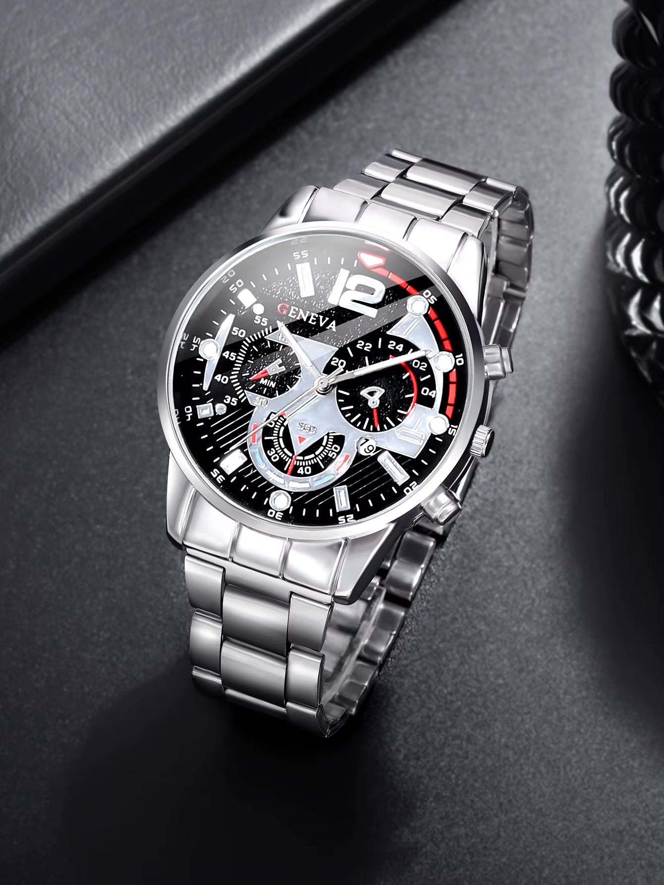 3Pcs Business Style Silver White Mechanical Design Men'S Alloy Quartz Watch with Calendar and Alloy Cuba Necklace Bracelet Set