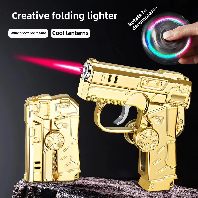 2025 Multi Functional Folding Dual Form Decompression Gyro Gun Shaped Lighter with Creative Deformation and Windproof Red Flame