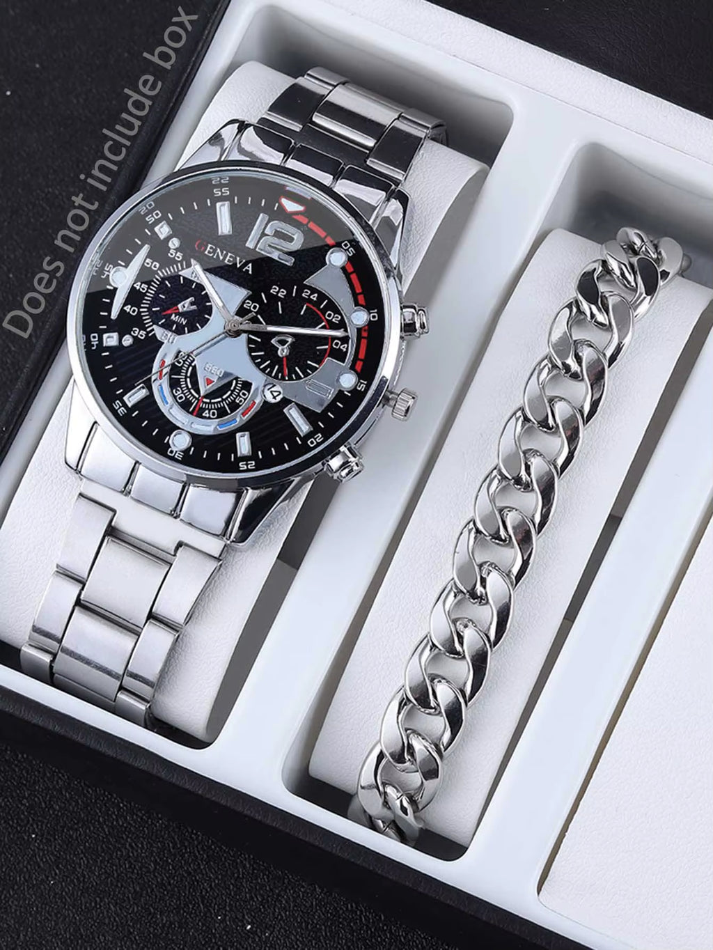 3Pcs Business Style Silver White Mechanical Design Men'S Alloy Quartz Watch with Calendar and Alloy Cuba Necklace Bracelet Set