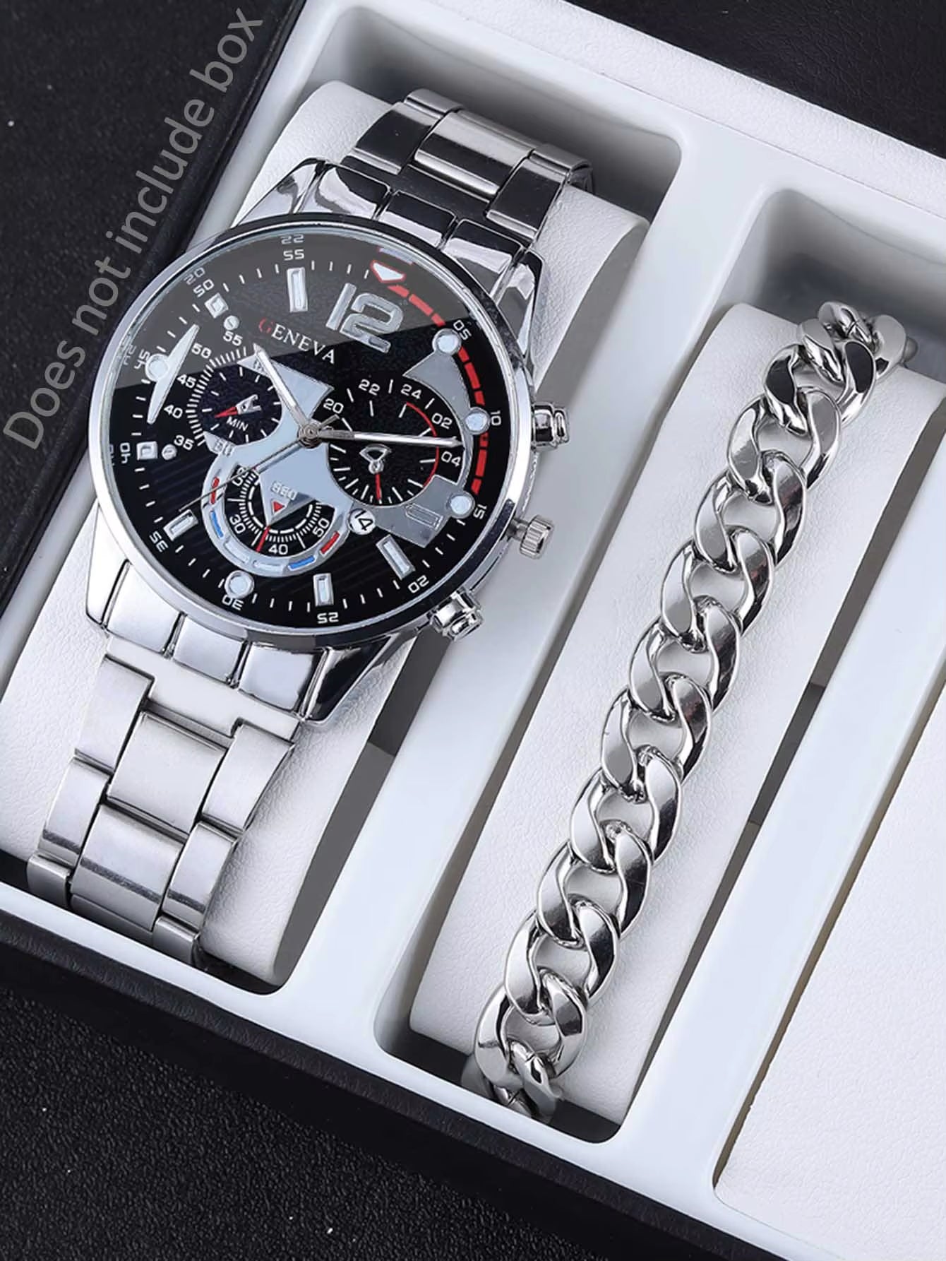 3Pcs Business Style Silver White Mechanical Design Men'S Alloy Quartz Watch with Calendar and Alloy Cuba Necklace Bracelet Set