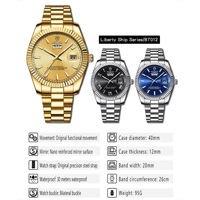 Mens Fashion Business Sports Quartz Watch 30M Waterproof Luminous Classic Calendar Creative Clock Mens Wristwatch B7012
