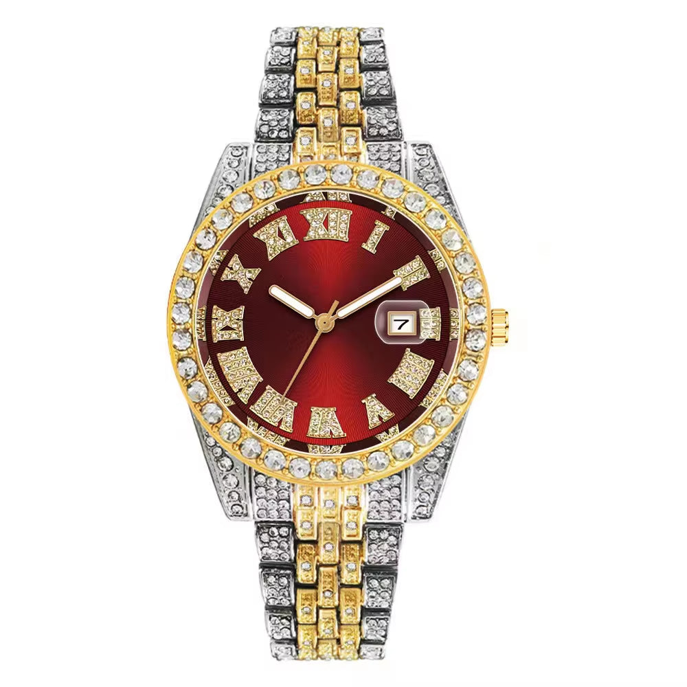 Luxury Hip Hop Stainless Steel Gold Color Calendar Watch for Men Iced Out Paved Rhinestones Men Watch Reloj Hombre