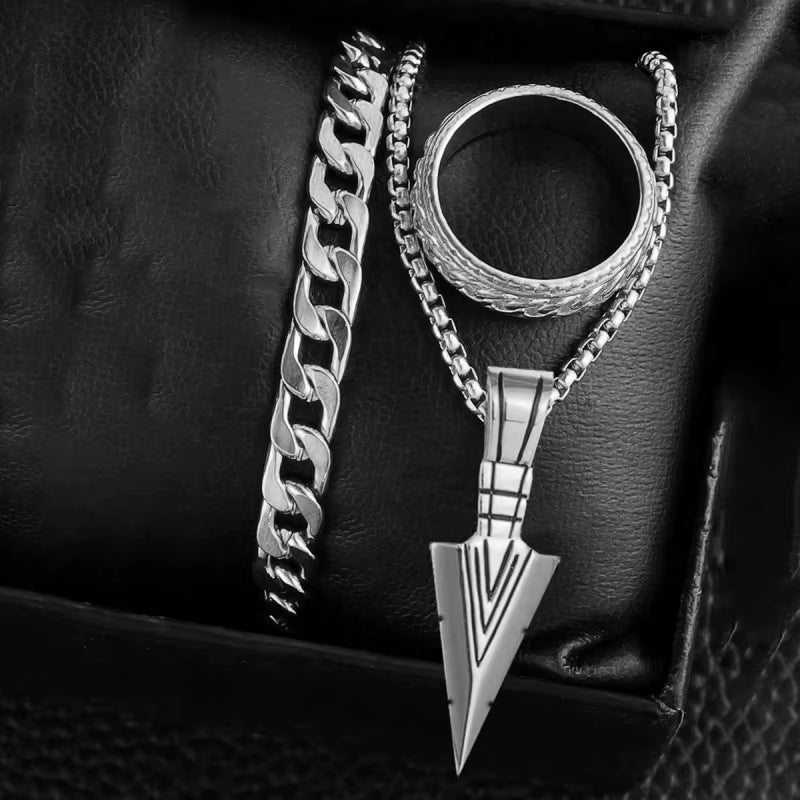 3Pcs Set Men'S Stainless Steel Metal Cross Pendant Chain Necklace Bracelet Ring Jewelry Set Male Hip Hop Daily Wear Accessories