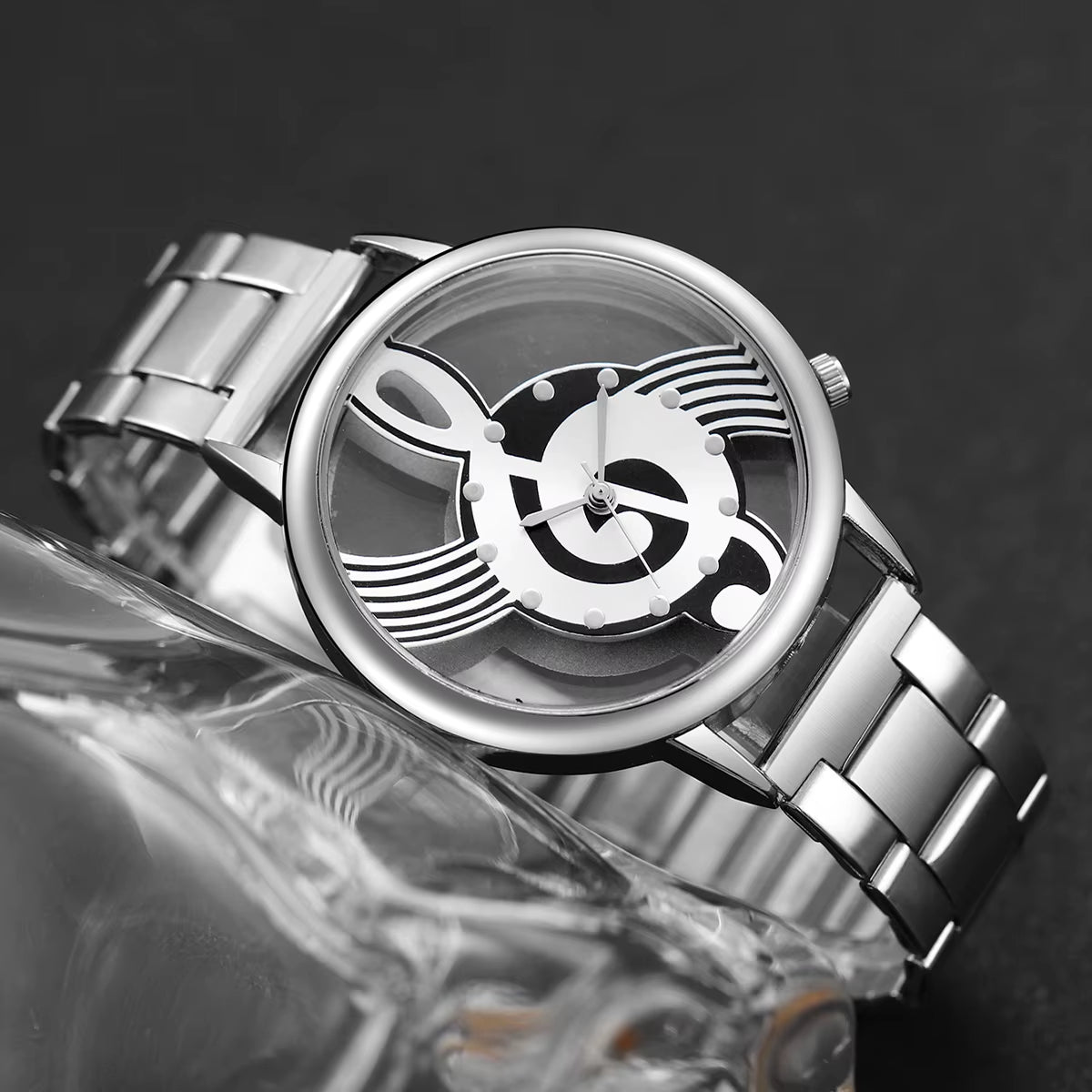 2Pcs/Set Women Stainless Steel Musical Note Quartz Watch with Heart-Shaped Bracelet