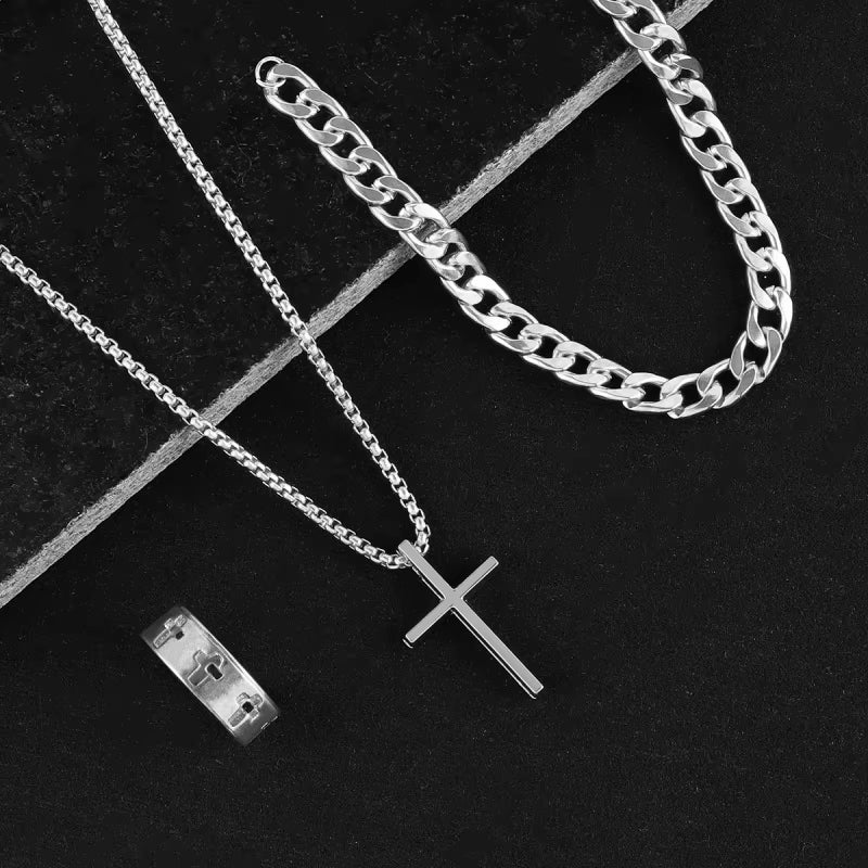 3Pcs Set Men'S Stainless Steel Metal Cross Pendant Chain Necklace Bracelet Ring Jewelry Set Male Hip Hop Daily Wear Accessories