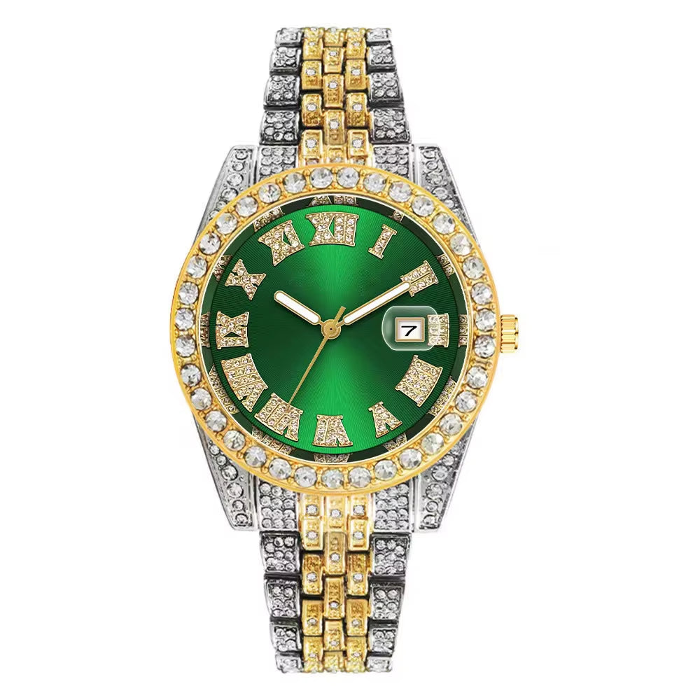 Luxury Hip Hop Stainless Steel Gold Color Calendar Watch for Men Iced Out Paved Rhinestones Men Watch Reloj Hombre