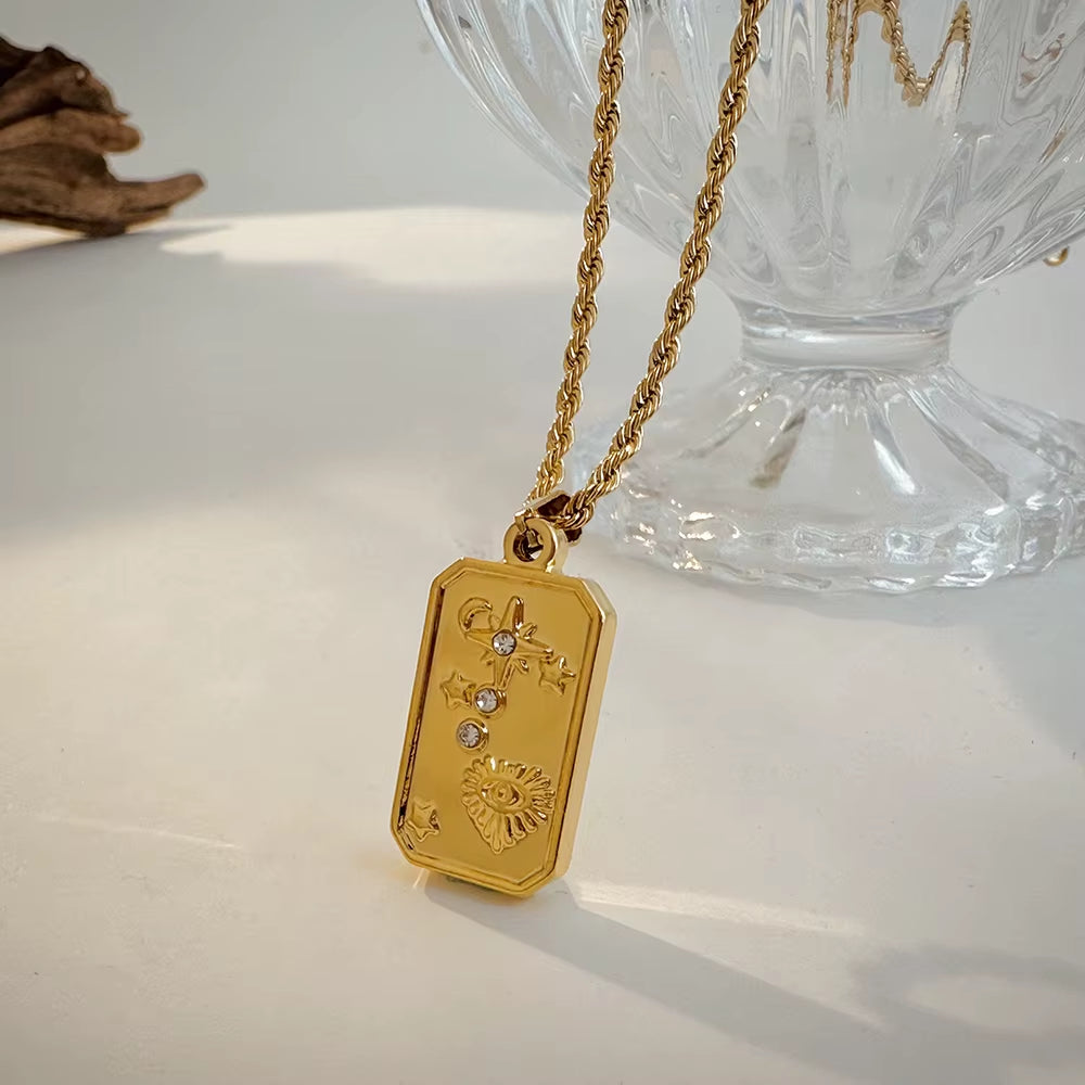Vintage Glossy Gold Plated Hammered Irregular Pendant Neckalce for Women Moon Star Stainless Steel Twist Chain Necklaces Jewelry