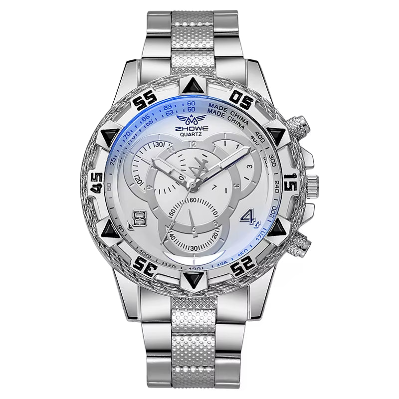 Cross Border Foreign Trade Hot Selling Leisure Fashion Business Alloy Steel Strip Blue Light Large Dial Quartz Men'S Watch Watch