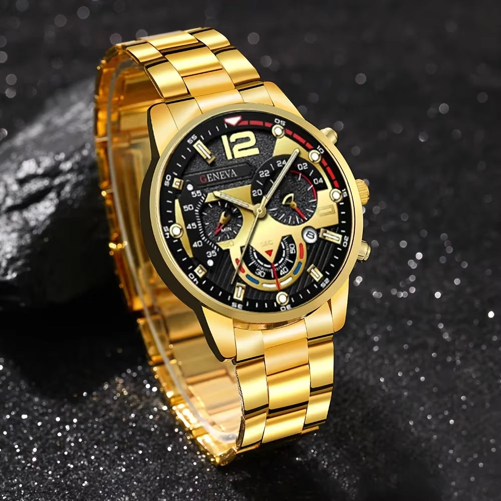 A Geneva Men'S Quartz Watch Set with Necklace and Ring -4-Piece Fashion Accessory Set, round Case Alloy Watch