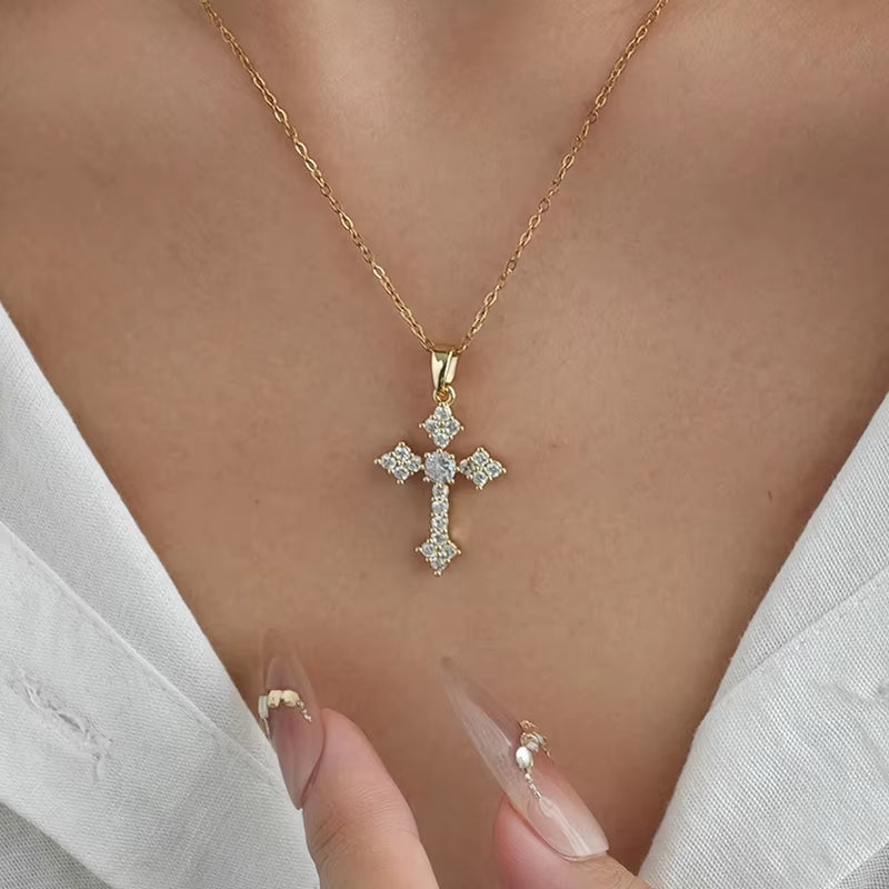 316L Stainless Steel Cross Zircon Pendant Necklace for Women Men Simple Cool Temperament Jewelry Gifts Wholesale