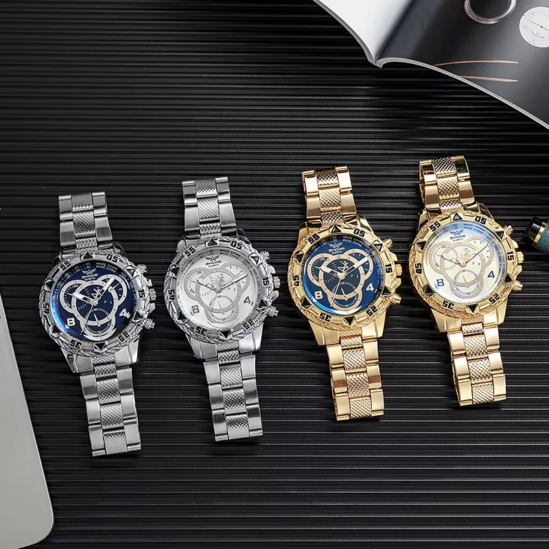 Cross Border Foreign Trade Hot Selling Leisure Fashion Business Alloy Steel Strip Blue Light Large Dial Quartz Men'S Watch Watch