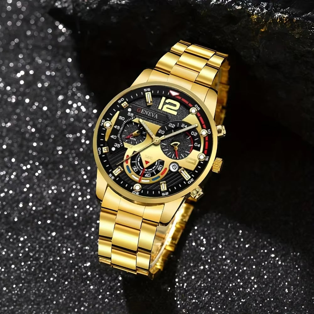 A Geneva Men'S Quartz Watch Set with Necklace and Ring -4-Piece Fashion Accessory Set, round Case Alloy Watch