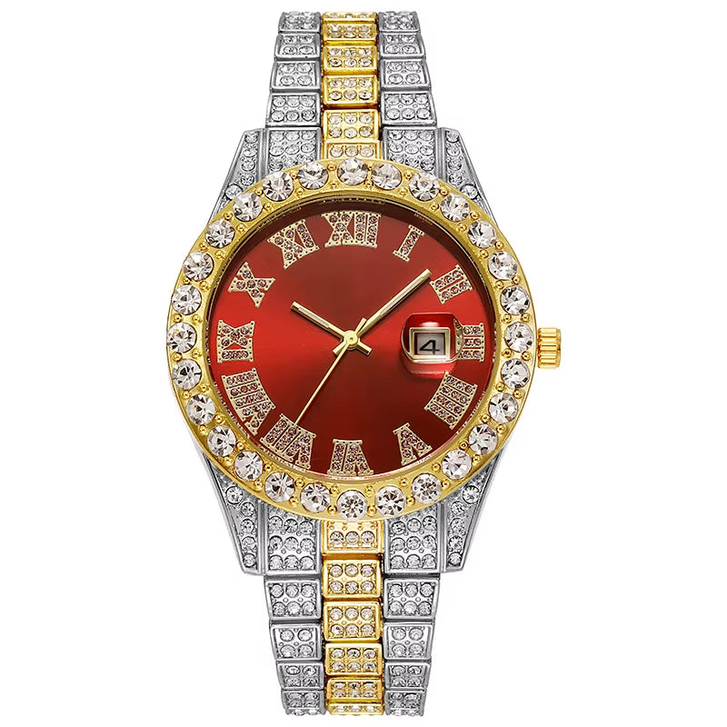 Luxury Hip Hop Stainless Steel Gold Color Calendar Watch for Men Iced Out Paved Rhinestones Men Watch Reloj Hombre