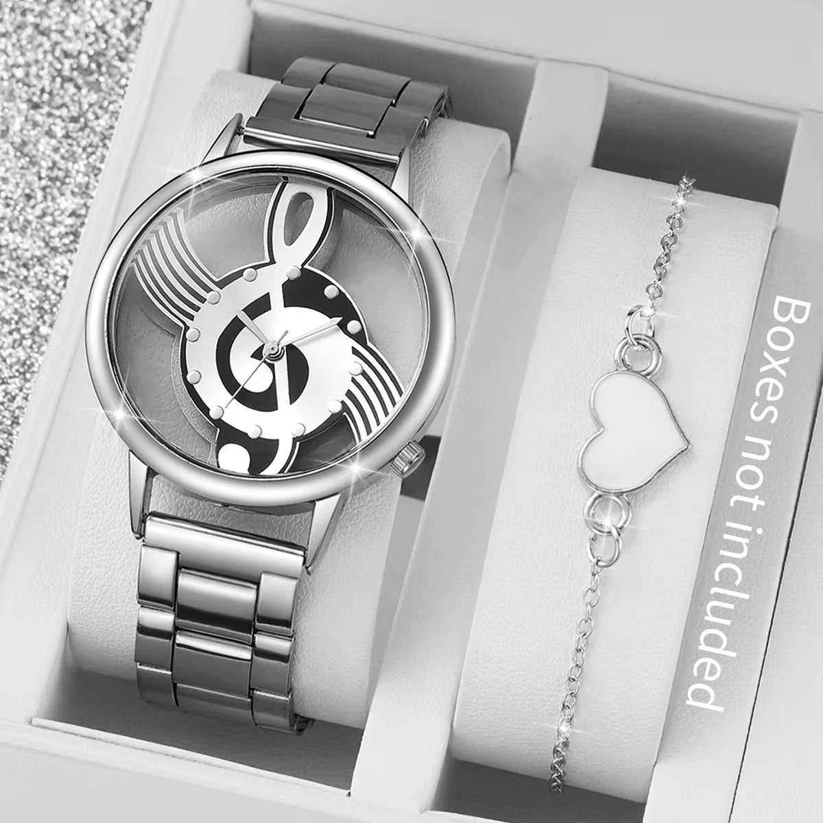 2Pcs/Set Women Stainless Steel Musical Note Quartz Watch with Heart-Shaped Bracelet