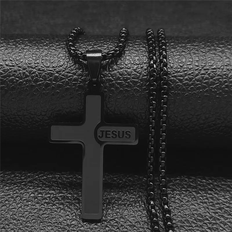 Stainless Steel Jesus Cross Pendant Chain Necklace for Men Women Jewelry Catholic Crucifixes Rosaries Accessories