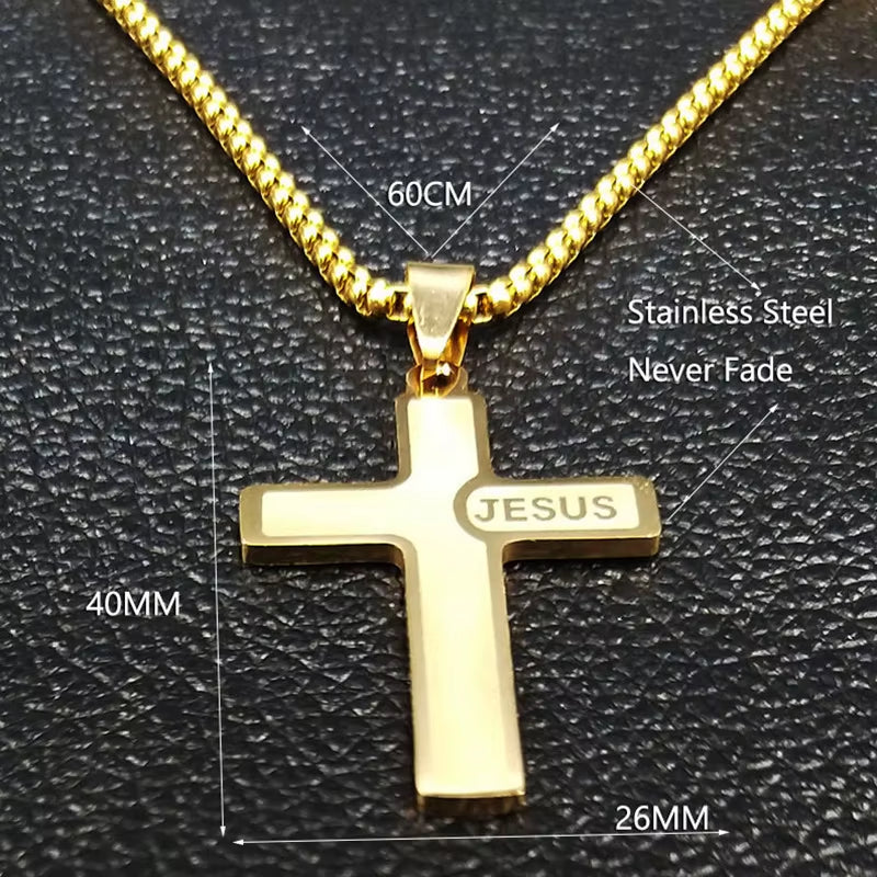 Stainless Steel Jesus Cross Pendant Chain Necklace for Men Women Jewelry Catholic Crucifixes Rosaries Accessories