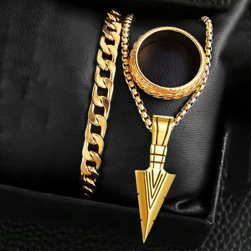 3Pcs Set Men'S Stainless Steel Metal Cross Pendant Chain Necklace Bracelet Ring Jewelry Set Male Hip Hop Daily Wear Accessories
