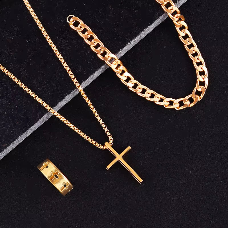 3Pcs Set Men'S Stainless Steel Metal Cross Pendant Chain Necklace Bracelet Ring Jewelry Set Male Hip Hop Daily Wear Accessories