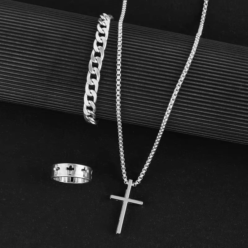 3Pcs Set Men'S Stainless Steel Metal Cross Pendant Chain Necklace Bracelet Ring Jewelry Set Male Hip Hop Daily Wear Accessories