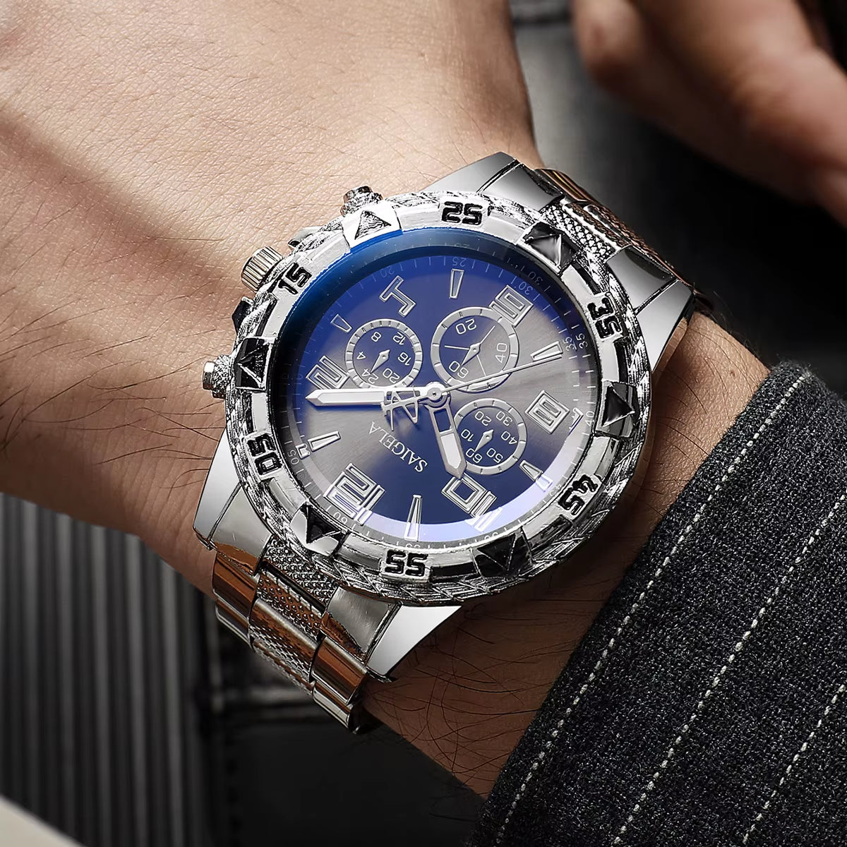 2Pcs/Set Men Business Watches Fashion Arabic Dial Steel Band Male'S Quartz Watch Set (Without Box）