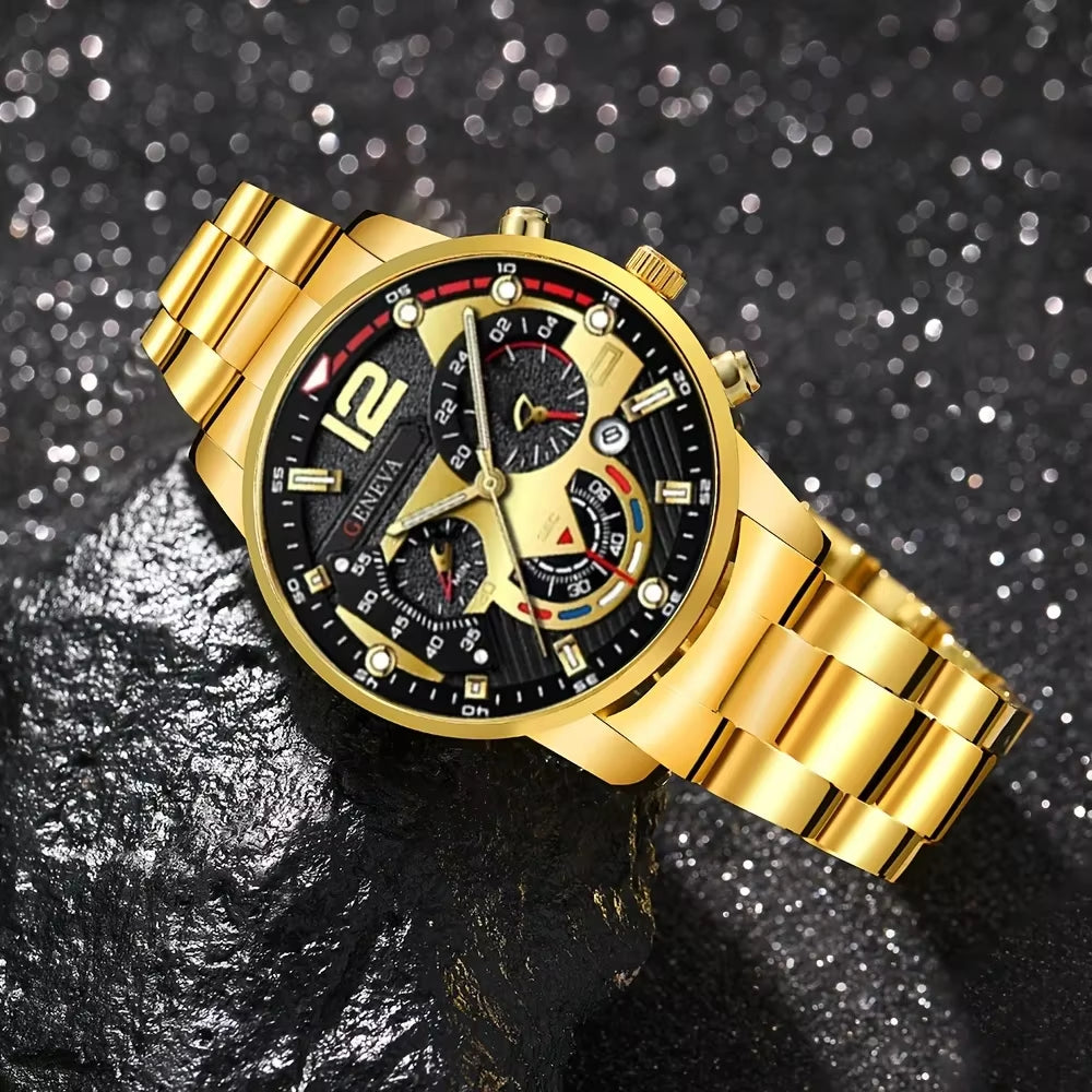 A Geneva Men'S Quartz Watch Set with Necklace and Ring -4-Piece Fashion Accessory Set, round Case Alloy Watch
