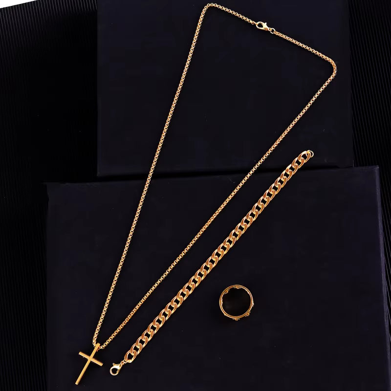 3Pcs Set Men'S Stainless Steel Metal Cross Pendant Chain Necklace Bracelet Ring Jewelry Set Male Hip Hop Daily Wear Accessories